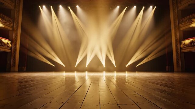 Empty stage with spotlights ideal for sleek commercial backgrounds and title sequences