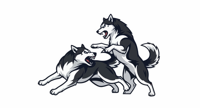 Two aggressive husky dogs locked in a dynamic, stylized fight, baring teeth