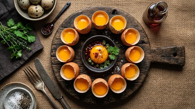 Fresh eggs with yolks in cracked shells on wooden platter surrounded by herbs and spices