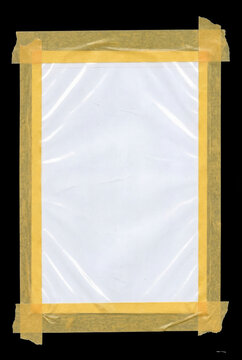 studio photograph of a vertical white rectangular sheet mounted on a deep black background, framed on all four sides with strips of semi-transparent yellow masking tape.