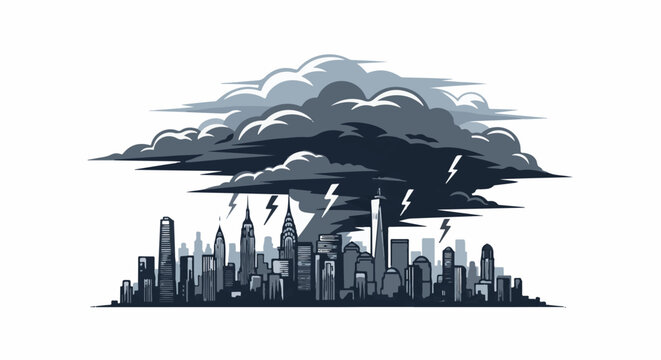 Stylized pixel art cityscape under a dramatic, lightning-filled stormy sky