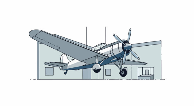 Stylized pixel art of a vintage propeller plane inside a hangar