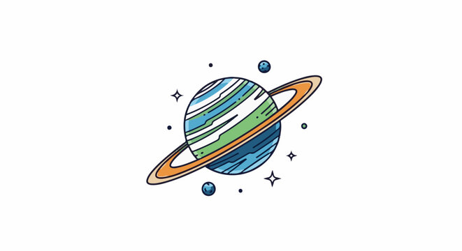 Stylized planet with rings, moons, and stars, in a vibrant, cartoony style