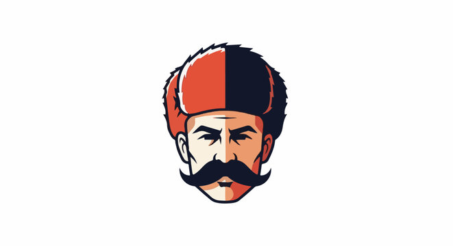 Stylized portrait of a stern man with a thick mustache and fur hat