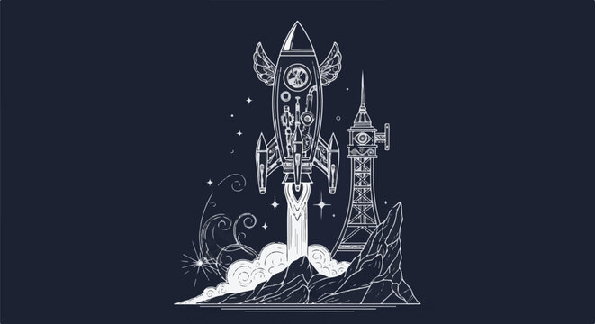 Stylized rocket launch with steampuk elements and a tower against a dark sky