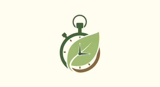 Stylized stopwatch with a green leaf and brown accents, symbolizing nature's time