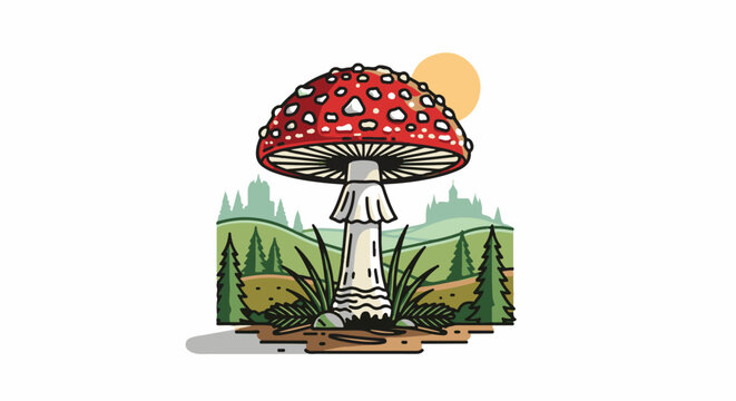 Whimsical illustration of a red spotted mushroom in a forest with a sun