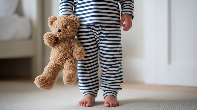 Toddler in striped pajamas with teddy bear, barefoot on carpet, a candid moment of childhood innocence and comfort, perfect for home settings