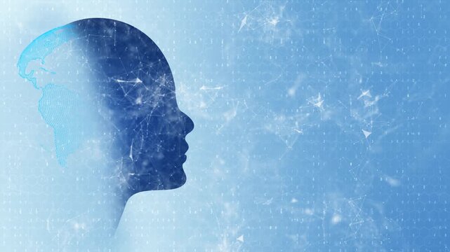 Human digital network profile background face silhouette, world map texture, codes, connected polygon lines. AI , global technology, communication visuals, neural science, cyber innovation themes.