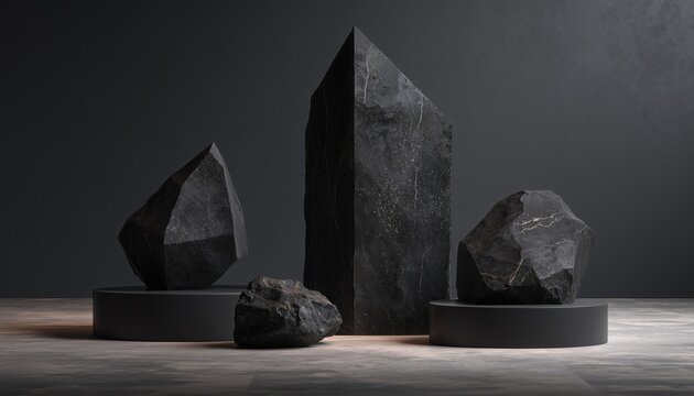 Geometric Black Stone And Rock Shape: First Mockup For Podium Display Or Showcase Rendering. This Design Features A Sleek, Modern Look.
