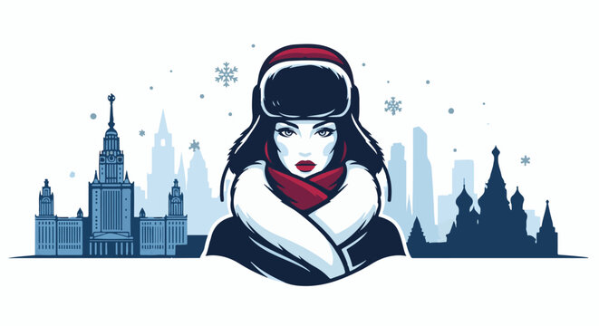 Woman in winter attire, amidst snowy cityscape and iconic architecture