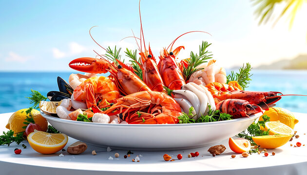 Generous seafood platter brimming with lobster, shrimp, octopus, and mussels, garnished with fresh parsley and lemon slices, set against a sunny beach backdrop with turquoise ocean water