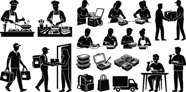Restaurant and delivery service workers vector icons isolated on white background, Vector