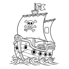 Naklejka premium Cute pirate ship with a skull and crossbones flag sailing on the wavy ocean sea in a fun cartoon style line art drawing for kids coloring book page illustration