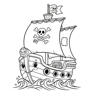 Cute pirate ship with a skull and crossbones flag sailing on the wavy ocean sea in a fun cartoon style line art drawing for kids coloring book page illustration