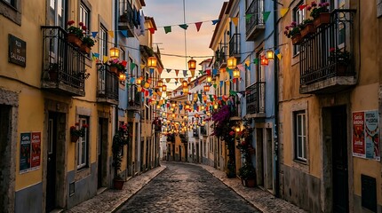 Fototapeta premium Empty cobblestone street lined with colorful lanterns and flags alley narrow