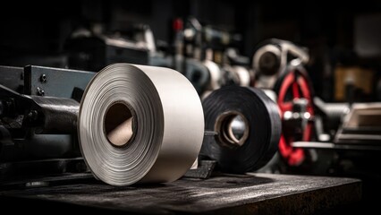 Fototapeta premium Tape Rolls Displayed in Workshop Environment Highlighting Tools