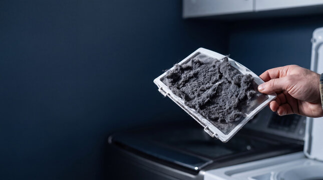 Man holding dirty laundry dryer lint filter filled with debris. Risk of home house fire from clogged ventilation system. Maintenance and cleaning appliance for fire safety prevention.