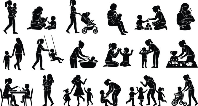 Mother and child daily life activities vector icons isolated on white background, Vector