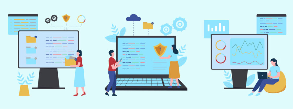 Flat design business people, working on computers, laptops, and tablets, office workflow vector icons