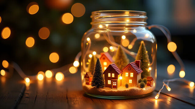 Mini village lit by fairy lights inside a jar