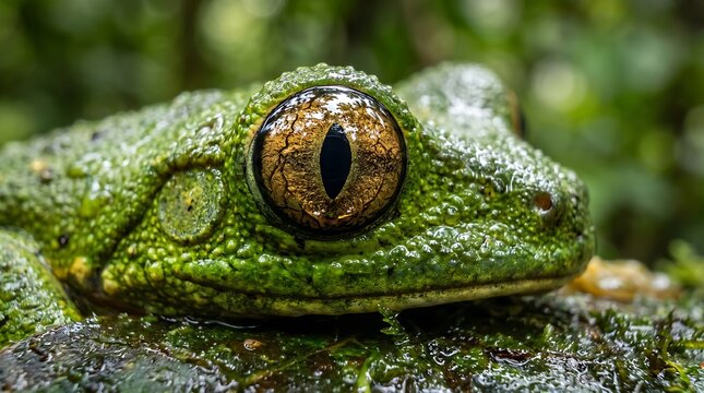 A detailed macro portrait of a vibrant green tree frog resting on a mossy surface.