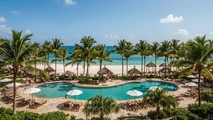 Plakat Tropical Paradise with pool and palm trees under a blue sky: The image captures a serene view of a luxury resort with pool and lush palm trees, offering a sense of relaxation and escape. 