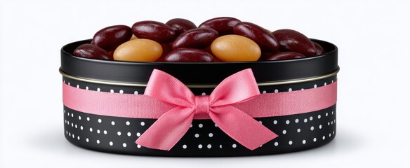Naklejka premium Oval tin of assorted candies with pink bow evokes love and joy for anniversary celebrations