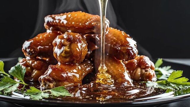 A stack of savory, saucy chicken wings on a plate, garnished with herbs
