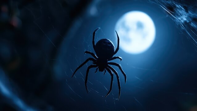 Eerie silhouette of a spider on its delicate web, bathed in the haunting light of a bright full moon