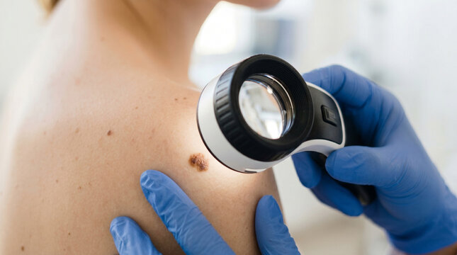 Close-up of dermatologist examining nevus mole on young woman's skin using professional tool, skin cancer prevention and healthcare concept on light background