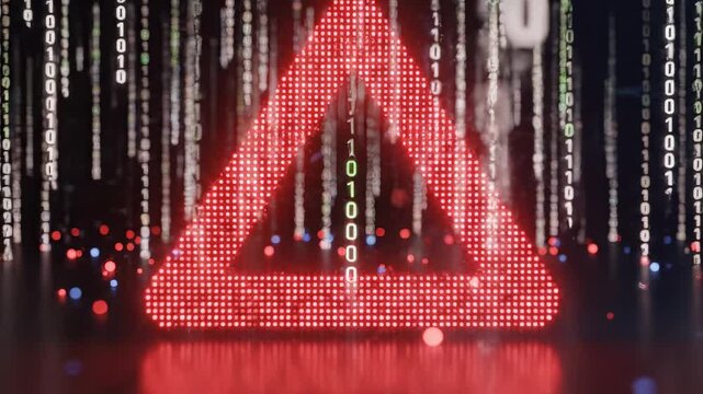 Digital warning triangle with binary code symbolizing digital transformation and future innovation