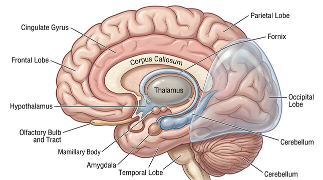 Sagittal diagram of the human cerebrum emphasizing limbic system components&mdash;cingulate gyrus, corpus callosum, thalamus, hypothalamus, hippocampus and amygdala&mdash;beneath a transparent shell highlighting 