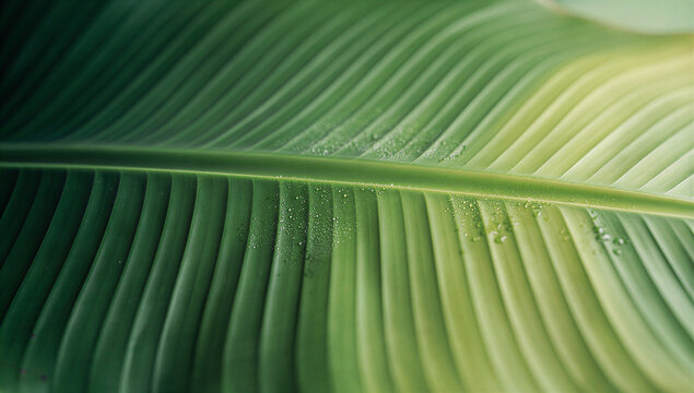 Macro Close-Up of Fresh Green Banana Leaf Surface with Water Droplets on Central Midrib and Parallel Veins Showing Light and Dark Green Gradient, Tropical Nature Botanical Background Photography