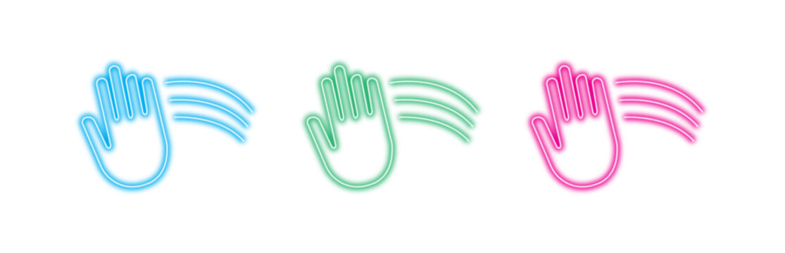 A set of colorful neon hand icons with signal waves, representing contactless interaction, touch, and technology, isolated on transparent background.