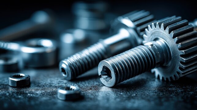 view of metallic gears and threaded fasteners arranged on a dark industrial surface.