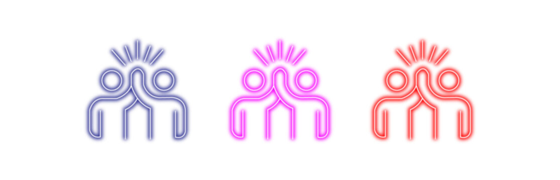 A set of three stylized neon outline icons representing two people connecting or achieving a high five isolated on a transparent background, ideal for concepts of teamwork and success.
