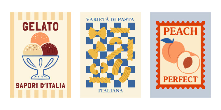 Italian food poster set. Vintage culinary illustration bundle in minimal style. Minimal flat food illustration.