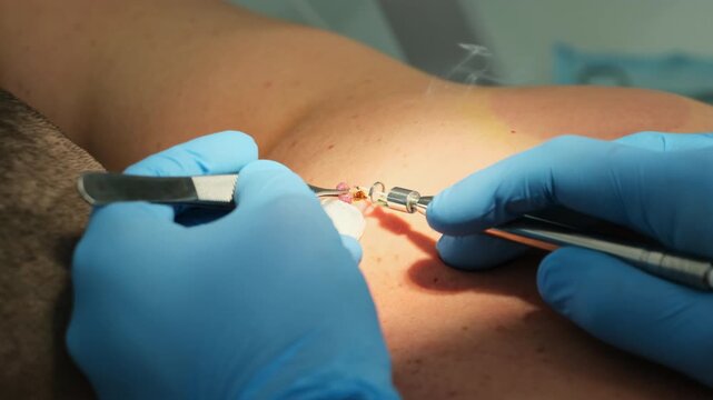 Dermatologist holds wart with forceps and cuts with laser coagulation in clinic slow motion. Doctor removes large mole in hospital closeup