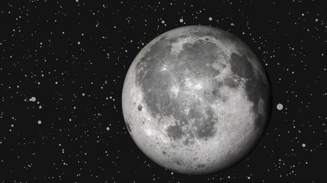 Moon animation with detailed craters and stars. Moon abstract planetary visualization in space. Moon celestial astronomy background graphic on black background for science.