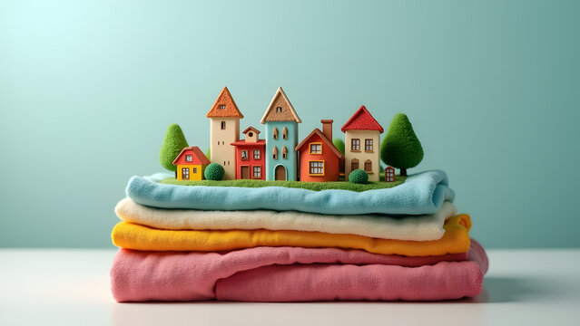 Small town built on a stack of folded clothes