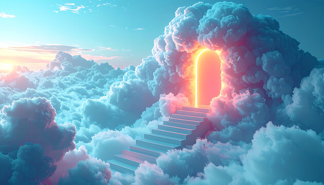 Glowing doorway portal suspended in fluffy clouds at sunrise, ethereal light and stair pathway