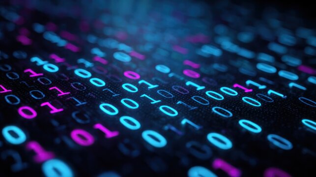Binary code data stream in neon colors