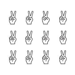 Fototapeta premium Twelve V hand gestures in a grid during a bright studio setting