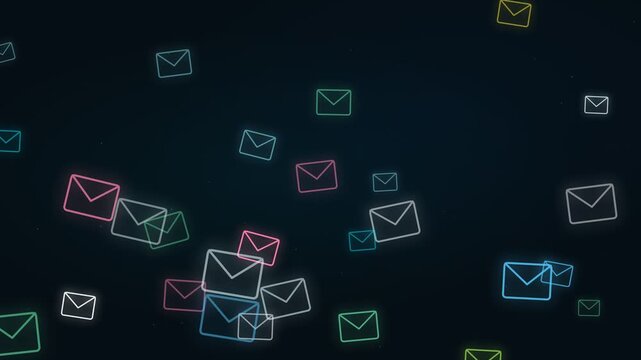 Colorful neon envelope icons smoothly float and overlap on a dark background in this seamless, modern animated loop, perfect for illustrating digital email or messaging concepts.