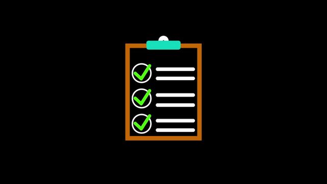 Checklist animation on a clipboard with green icons. Checklist for task management and approval status. Checklist business document visualization graphic on black background.