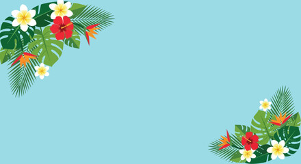 Tropical Background with Frangipani, Hibiscus Flowers and Monstera Leaves Frame on Bright Blue Backdrop. © mariyam