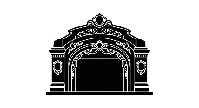 Archway features an ornate theatrical stage facade with decorative molding and intricate carvings displayed against a plain background.