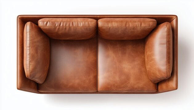 Top View Of Brown Leather Modern Sofa Furniture On White Background With Clipping Path Included. Stylish And Contemporary Design.