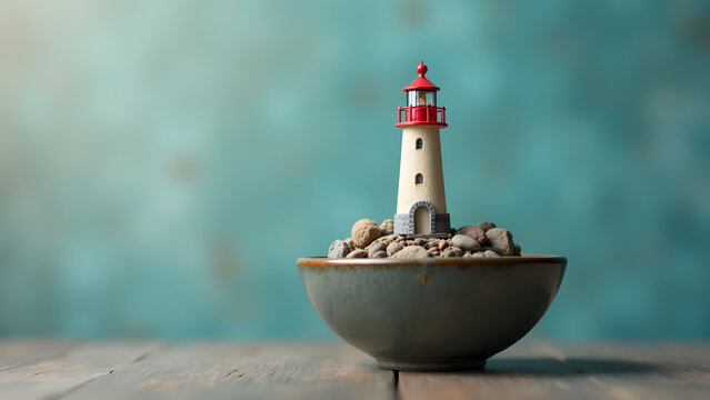 Mini lighthouse standing on a rock inside a bowl
